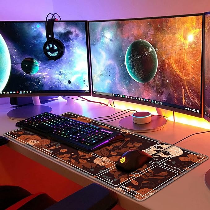 Playmat for MTG with Magic Zones, 24 x 14 inches Game Play Mat for MTG TCG, Trading Card Game Play Mat Desk Mats with Stitched Edges Non-Slip Base, Floral Skull