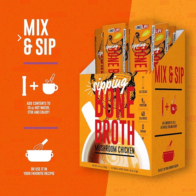 LonoLife Mushroom Chicken Bone Broth Powder Mix | 10g Protein | Collagen-Rich, Keto & Paleo Friendly | Natural Ingredients | 8oz Bulk Container (15 Servings)