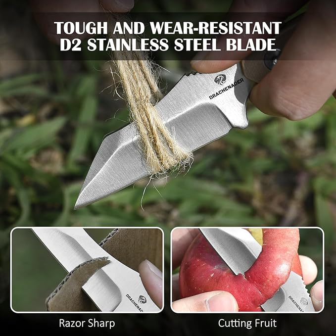 X-WH EDC Horizontal Carry Neck Knife wtih Clip Fixed Blade Knife with Kydex Sheath, D2 Steel Blade Full Tang small Wharncliffe Knife G10 Handle, (Khaki)