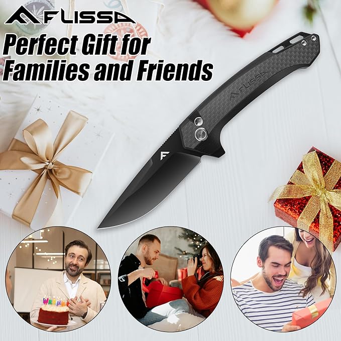 FLISSA Pocket Folding Knife, 3.2??D2 Blade Carbon Fiber Handle EDC Knife with Pocket Clip for Hiking, Camping, Outdoor Activities