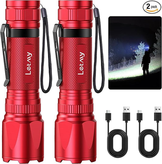 LETMY Rechargeable Flashlights High Lumens, 2 Pack 2000 Lumens Bright LED Tactical Flashlight, 3 Modes Samll Powerful Flash Lights with Clip, Waterproof Flashlights for Home Emergency Camping (Red)