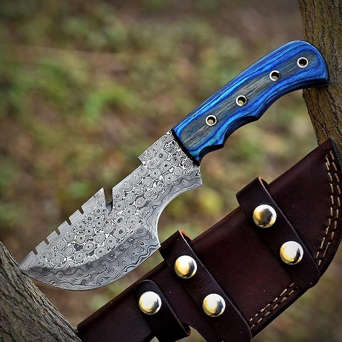 9.5" Handmade Damascus Knife with Leather Sheath | Ultimate Outdoor Ally | Damascus Steel Blade with Blue Micarta Handle | Blue Handle with Sheath Included | Unrivaled Camping Excellence