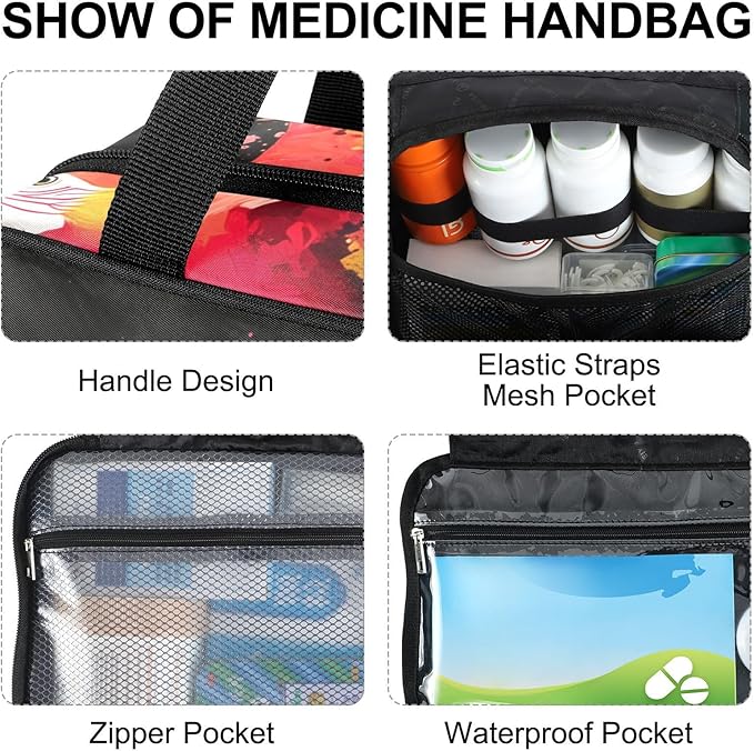 Fustylead Colorful Parrot Flying on Black Background Large Medicine Bag Travel Pill Bottle Organizer with Zipper, Empty First Aid Bag for Camping Hiking Outdoors
