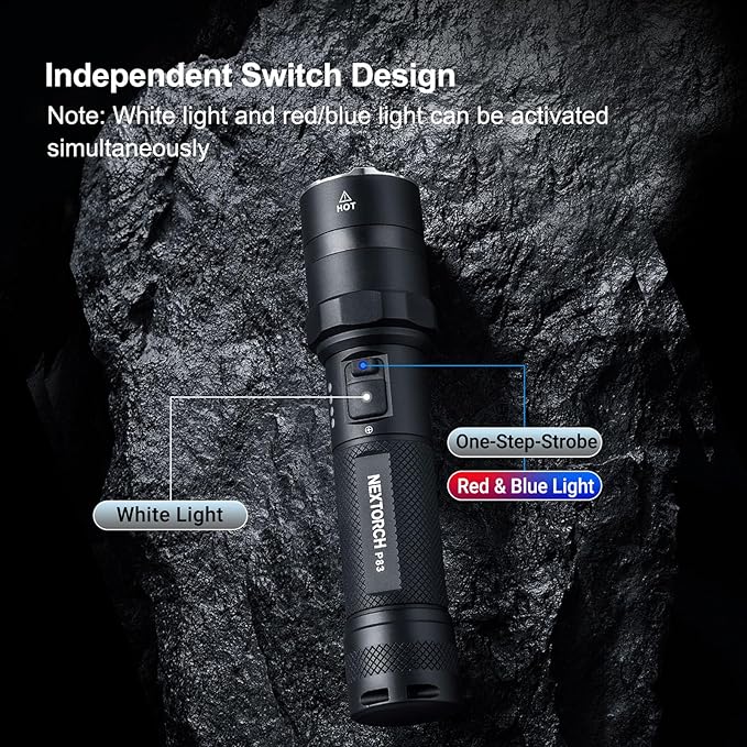 NEXTORCH P83 Rechargeable Flashlight High Lumens, 2100 Lumens Police Flashlight with Red and Blue Lights & Strobe & Ceramic Glass Breaker for Night Duty, Outdoor Adventure, Daily Use