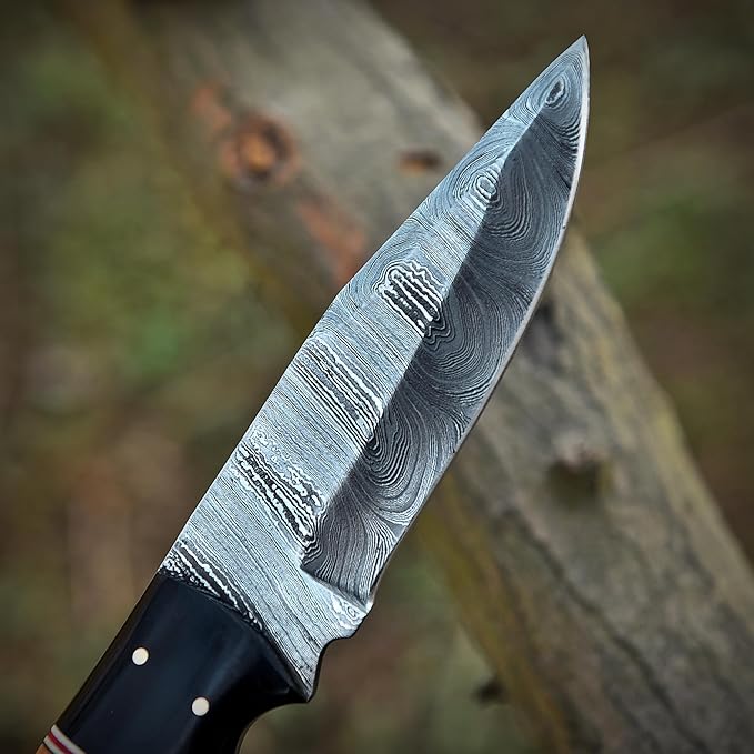 8.5" Handmade Damascus Steel Fixed Blade Skinning Hunting Knife with Leather Sheath - Best for Outdoor Camping, Skinner, Deer, Fishing, Hiking - EDC Survival Knives for Men Ideal Gift for Hunters