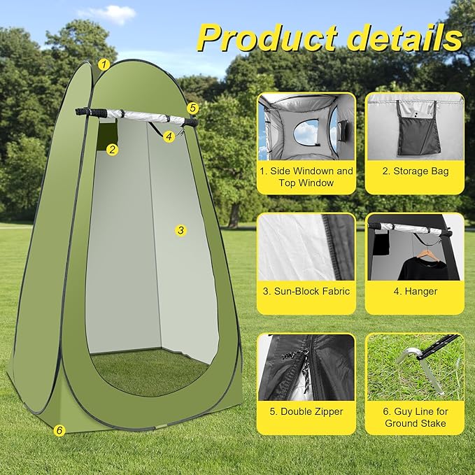 Pop Up Shower Tent for Camping, Portable Outdoor Privacy Shower Tent with 6000mAh Rechargeable Shower