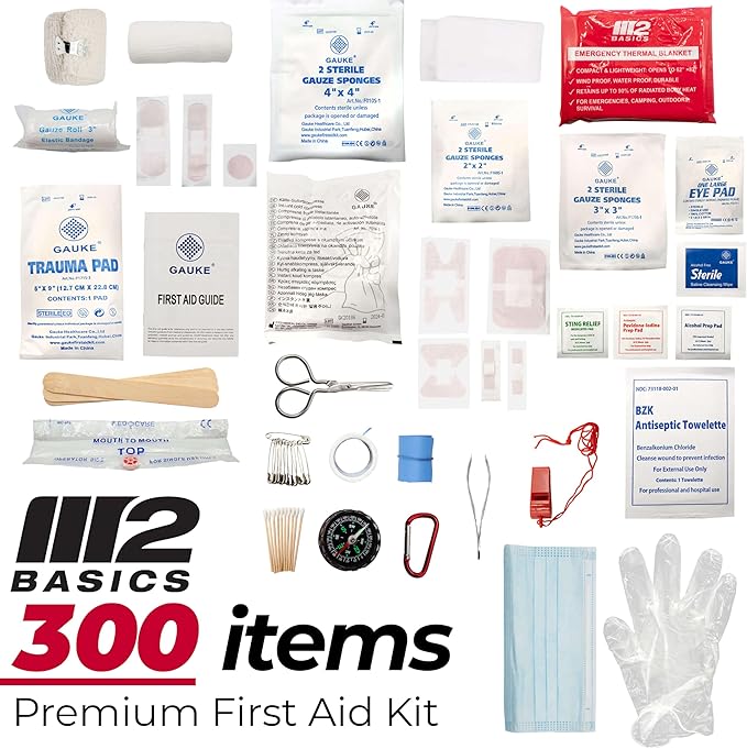 M2 BASICS Premium First Aid Kit, 300 Pieces, 40 Unique Items ??First Aid Kit for Home, Car, Vehicles, Business, Travel, Outdoors, Camping, Travel Sports ??Durable Bag, Emergency Medical Supplies