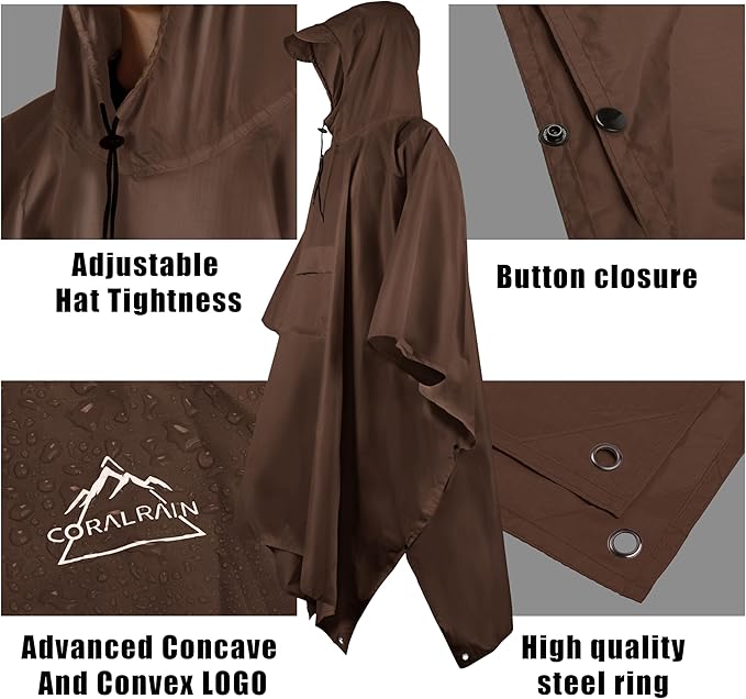 Coralrain Hooded Rain Poncho Lightweight Waterproof Unisex Raincoat Jacket with Pocket for Men Women Adult