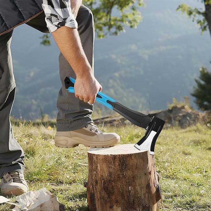 Splitting Axe, 14” Camping Outdoor Hatchet for Wood Splitting and Kindling, Forged Carbon Steel Heat Treated Hand Maul Tool, Fiberglass Shock Reduction Handle, Blue