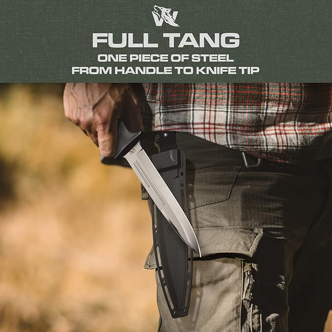 ODENWOLF W-Catcher Fixed Blade Knife with Sheath - Large Hunting-Knife made of D2 steel - Big Fixed Blade Knives with Non-Slip TPE Handle - Full Tang Survivalknife for Outdoor Activities
