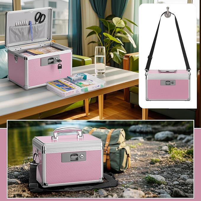 Medicine Lock Box for Safe Medication - 13.4 x 7.6 x 8.2 Inches - Lockable Storage Box for Drugs, First Aid Kit Empty, Lock Boxes with Key for Home/Outdoor (Pink/Large)