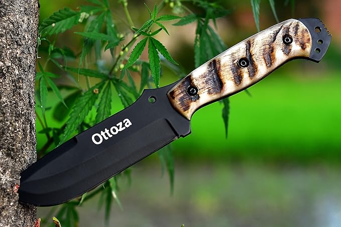 Ottoza Fixed Blade Hunting Knife with Leather Sheath and Horizontal Carry - Full Tang Outdoor Survival and Camping Knife for Men - Ram Horn Handle 353
