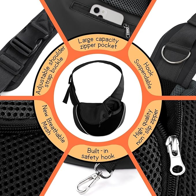 YUDODO Pet Sling Carrier for Small Dogs & Cats – Hands-Free Puppy Carrier with Safety Hook, Large Zipper Pocket, Soft Breathable Mesh, Adjustable Strap & Reflective Strip (L, Black 2.0)