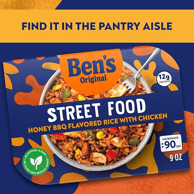 BEN'S ORIGINAL Street Food Honey BBQ Flavored Rice with Chicken, Prepared Entrée, Microwave in 90 Seconds, 9 oz (Pack of 6)