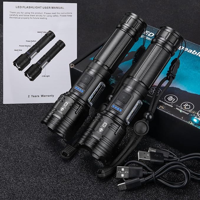 Flashlight Rechargeable 99,000 High Lumens, 2 Pack Super Bright Flash Light with 7 Modes, Waterproof Powerful Linternas, Multifunctional Handhedl Torch for Camping, Home