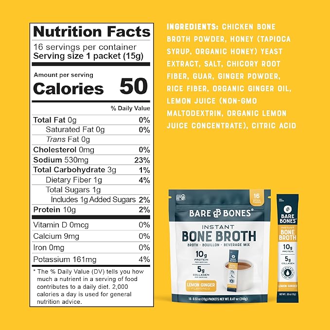 Bare Bones Bone Broth Instant Powdered Mix, Lemon Ginger, Pack of 16, 15g Sticks, 10g Protein, Keto & Paleo Friendly Bone Broth Packets