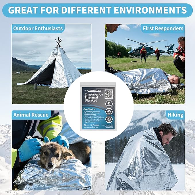 FRONTLINE Emergency Thermal Blankets Large 54" x 84" Mylar Blankets Survival Gear Camping Gear Emergency Space Blanket First Aid for Survival (8)
