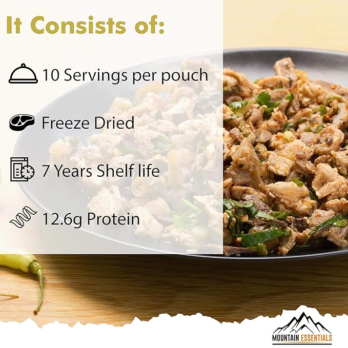 MOUNTAIN ESSENTIALS Freeze-Dried Shredded Pork ??Fully Cooked, Ready-to-Eat Meat | 10 Servings per Pouch | 7-Year Shelf Life | Ideal for Daily Meals, Camping, Emergency Preparedness & Survival | Made in USA | Pack of 1