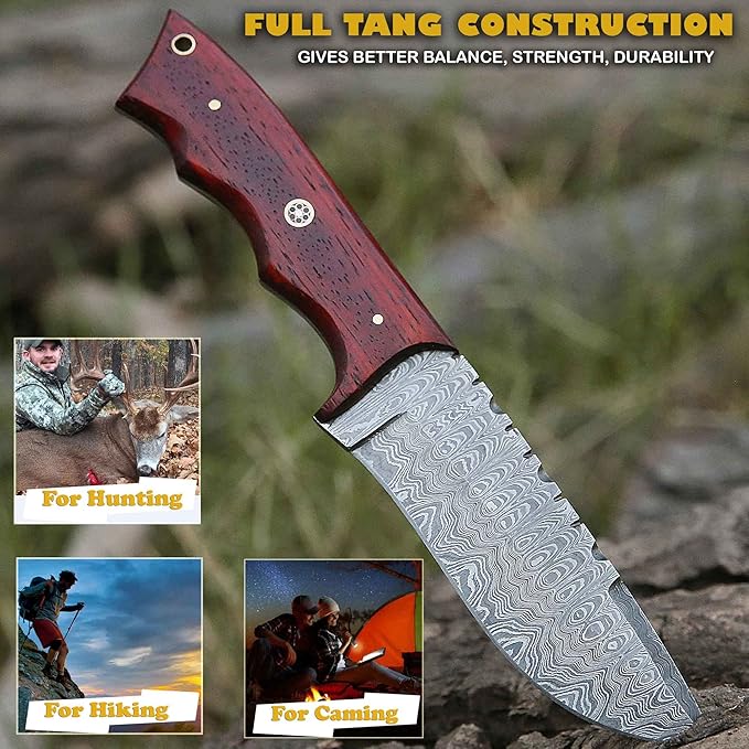 Custom Handmade Damascus Steel Fixed Blade Hunting Knife with Leather Sheath- 10inch Survival Hunting Knives for men- Belt Knife with Horizontal and Vertical carry- Bushcraft knife for Skinning Camping Outdoor