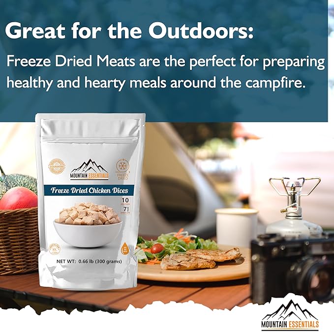 MOUNTAIN ESSENTIALS Freeze-Dried Diced Chicken ??Fully Cooked and Ready to Eat | Everyday Pantry Staple for Meal Prep, Camping & Emergency Survival | Premium Quality Meat | 10 Servings per Pouch | Made in USA | 7-Year Shelf Life | Pack of 1