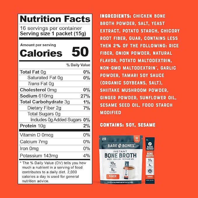 Bare Bones Bone Broth Instant Powdered Beverage Mix, Ramen, Pack of 16, 15g Sticks, 10g Protein, Keto & Paleo Friendly, Non-GMO, Gluten-Free, Dairy-Free
