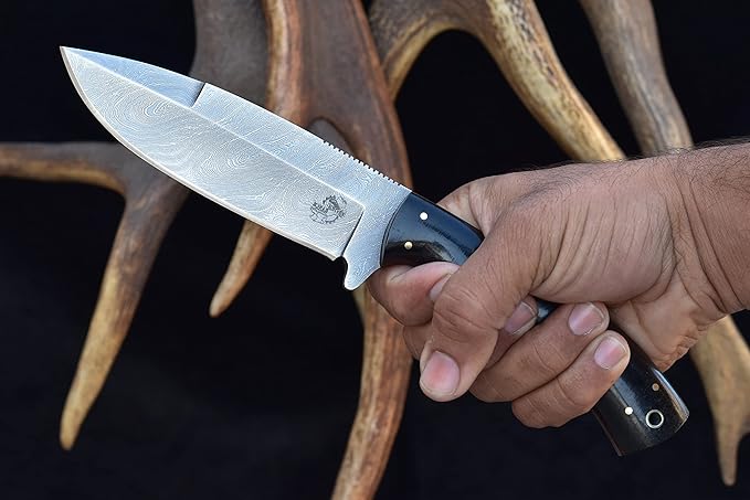 Knives Ranch Handmade 10" Camping & Bushcraft Knife - Damascus Steel - Excellent Edge Retention - Burlap Micarta Handle - Genuine Leather Sheath (2073-M)