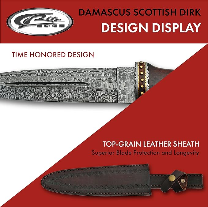 Szco Supplies 14"" Damascus Steel Scottish Style Dirk Knife with Leather Sheath, Brown, one Size (DM-1077)