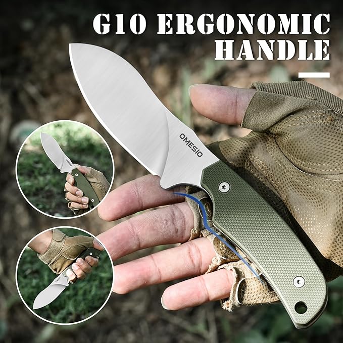 Omesio Hunting Knife with Kydex Sheath, 8.86" Full Tang Fixed Blade Non-Slip G10 Handle, Nessmuk D2 Steel Survival Camping Outdoor Knife, Perfect Gifts for Men