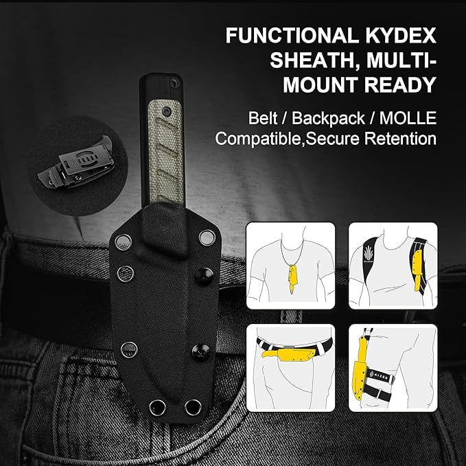 Kizer Smolt Fixed Blade Knife, 2.93" 14C28N Fixed Blade with Black G10 & Micarta Handle, Drop Point EDC Knives with Sheath for Camping Hiking 1063A6