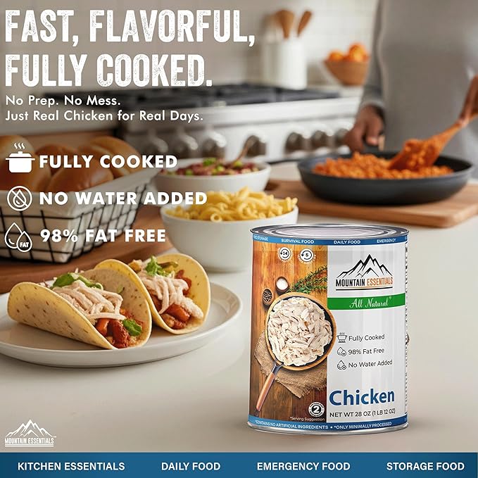 MOUNTAIN ESSENTIALS Fully Cooked Canned Chicken 28 Oz – White Meat for Daily Meals, Camping & Emergency Food – Great for Snack, Lunch, Dinner Recipes – 5-Year Shelf Life – Made in USA – Pack of 12