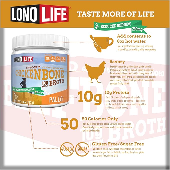 LonoLife Reduced Sodium Chicken Bone Broth Powder Mix | 10g Protein | Collagen-Rich, Keto & Paleo Friendly | Natural Ingredients | 8oz Bulk Container (15 Servings)