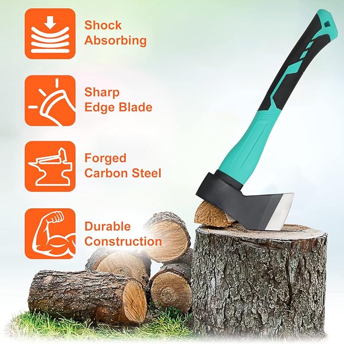 Wood Axe with Sheath, Camping Hatchet for Wood Splitting, Outdoor Bushcraft Axe Tools for Hiking Gardening, Anti-Slip Handle (Green)