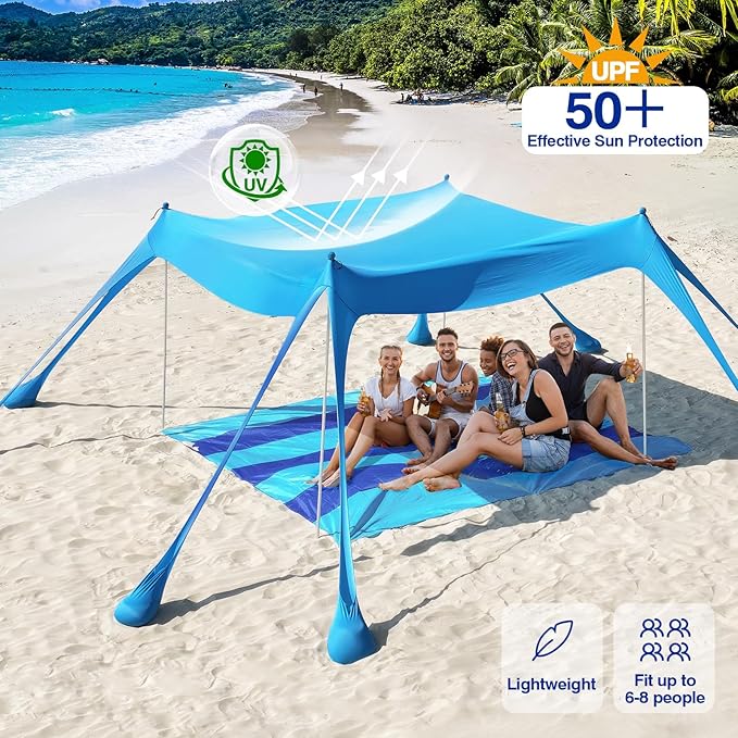 Rhino Valley Beach Tent Shade Canopy UPF50+ Protection, 8 Sandbags, 4 Stability Poles, Outdoor Sun Shelter Umbrella for Sand, Camping, Fishing Essentials
