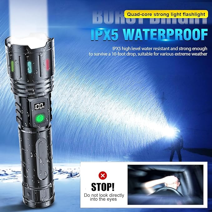 Hoxida Flashlights High Lumens Rechargeable - 1500 Meters Long Beam Super Bright LED Flash Light with Power Display & IPX5 Waterproof for Camping, 20H Runtime,Zoomable Handheld Flashlight-String