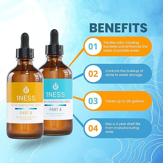 1ness Chlorine Dioxide Kit | 2 Part Liquid Classic 1:1 Set | Citric Acid 50% : Sodium Solution 28% | 1x 4oz Solution A + 1x 4oz Solution B