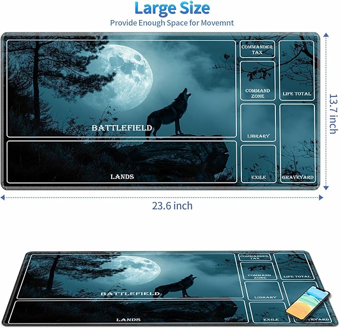 Playmat for MTG with Magic Zones, 24 x 14 inches Game Play Mat for MTG TCG, Trading Card Game Play Mat Desk Mats with Stitched Edges Non-Slip Base, Wolf Howling