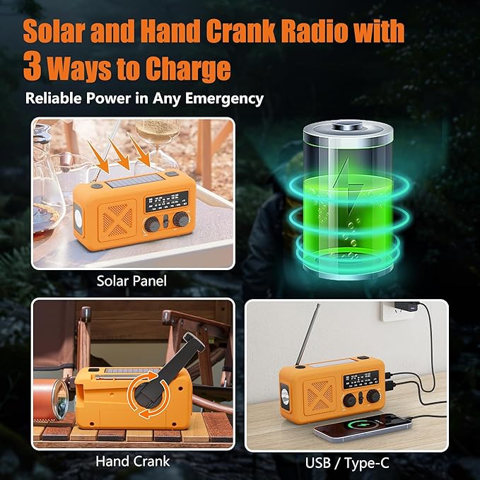 Emergency Radio Hand Crank Solar, 5000mAh/18500mWh Emergency Weather Radio, Solar Crank Radios with NOAA/AM/FM, Rechargeable Headlight, Thermal Blanket, Paracord Bracele, for Outdoor & Home