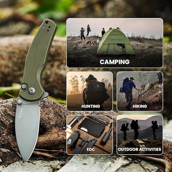 Kizer Mini Grouper Folding Pocket Knife, 3.16??D2 Blade G10 Handle Camping Folding Knife, Button Liner Lock EDC Knife with Pocket Clip for Men Women Gift, Hunting Hiking Survival Knives V3669A3
