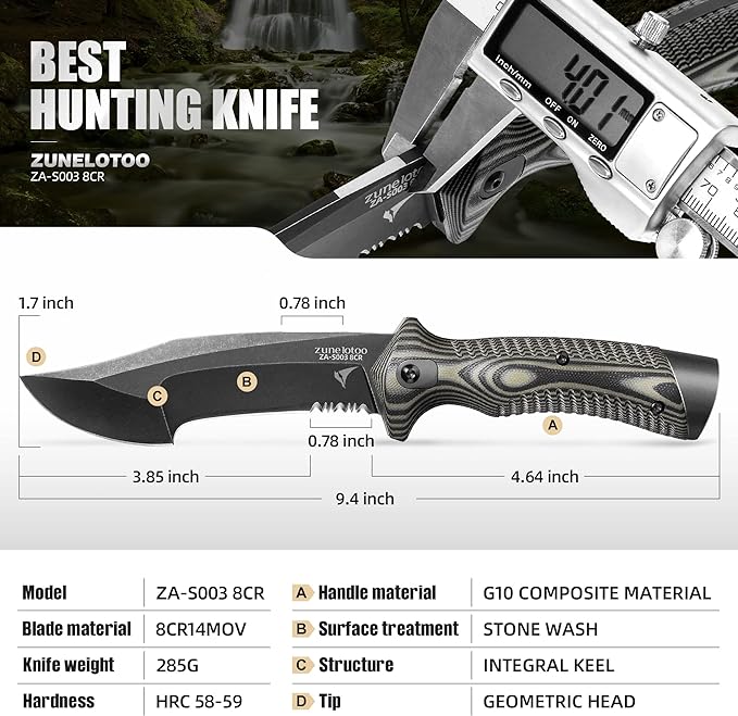ZUNE LOTOO Full Tang Fixed Blade Tactical Knife for Men, 9.4" Bowie Knife with Kydex Sheath & G10 Handle, 8Cr14mov Survival Hunting Knives for Bushcraft Camping Outdoor Skinning