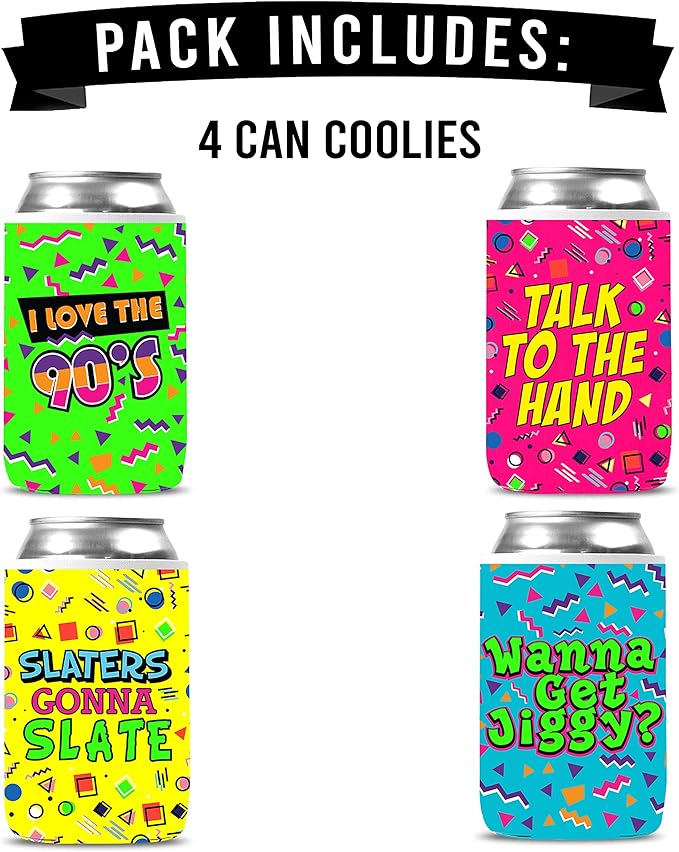 Throwback 90's Can Coolies (4 PACK) - Funny 1990's Theme Party Decoration, Favors & Supplies