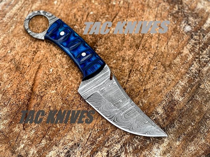 Bushcraft Survival Knife12T27 Damascus Steel Fixed Blade outdoor - Pakka Wood Handle - Pancake Leather Sheath - Traditional Field for Camping , Fishing, Hunting Knife, Men & Women - EDC Knife to Carry on Belt- (BLUE)