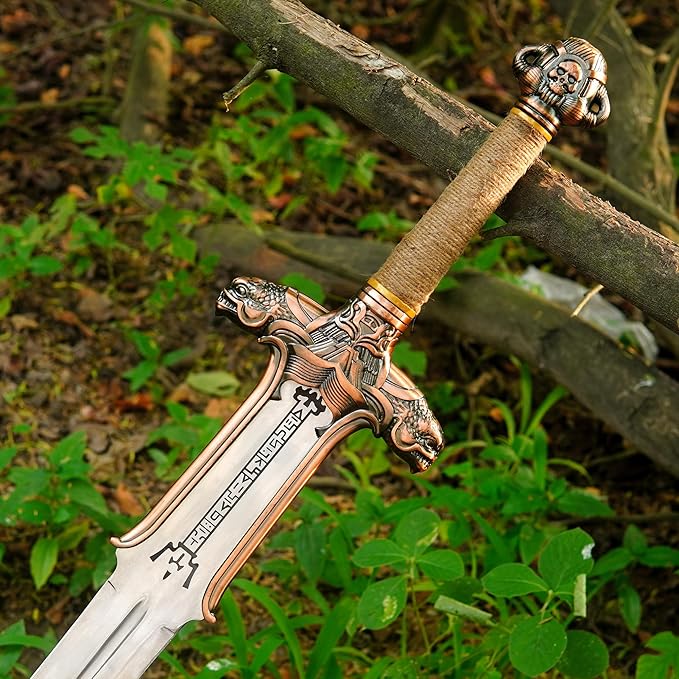 FORGE HIDE-Conan The Barbarian Sword – Real Full Tang Atlantean Swords | 1095 Carbon Steel, Bronze Fittings & Leather Sheath | Medieval Fantasy King Sword Prop | Gift for Him, Christmas, Viking Gifts