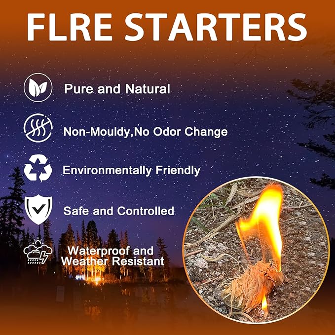 E500 Fire Starter - Natural Fire Starters for Fireplace, Campfires, Chimney, BBQ, Fire Pit & Wood Fireplace - 60 Pack Odorless Pine Firestarter, Charcoal Starter for Grill