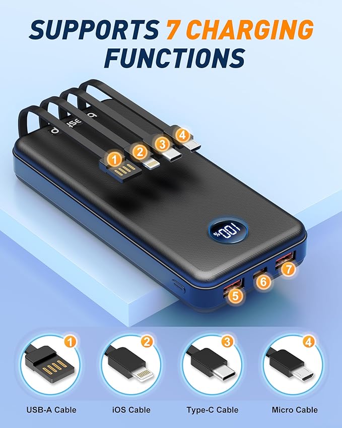 BEESHOP Portable Charger Power Bank - 37000mAh Portable Battery with 4 Built-in Cables, 22.5W Fast Charging Battery Pack Bank Compatible with iPhone 16 15 14 13 Android Samsung Phone etc(1 Pack)