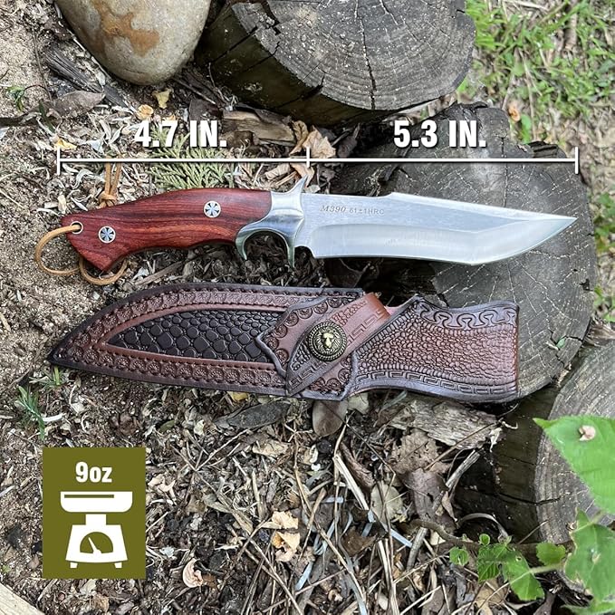 M390 Steel Handmade Hunting Knife, Fixed Blade Full-Tang with Leather Sheath, Red Wood Non-Slip Handle - Survival, Tactical, Camping knives