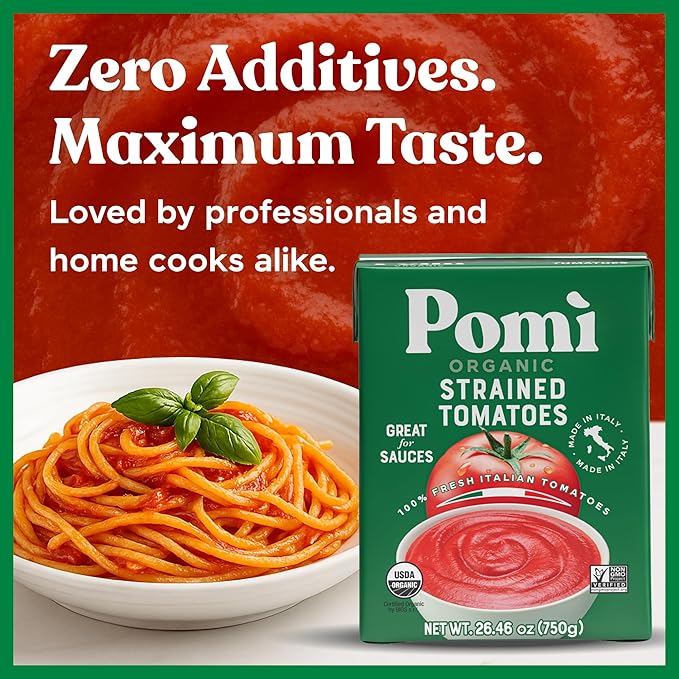 Pomì Organic Strained Tomatoes 26.46oz (Pack of 12)- Creamy, Velvety Puree - 100% Fresh Italian Tomatoes, Made in Italy - No additives, Kosher, Non-GMO, BPA-Free Carton, USDA Certified Organic