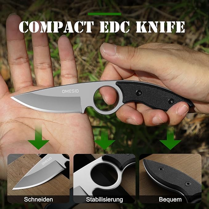 Omesio Small Fixed Blade Knife, Tactical Hunting Camping Survival Knife with Kydex Sheath, Full Tang Stainless Steel 2.68-Inch Drop Point Blade G10 Handle, EDC Neck Knife, White