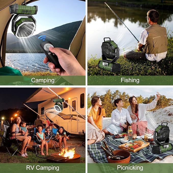 Odoland 30000mAh Camping Fan with LED Lantern, Rechargeable Battery Operated Oscillating with Remote Hook, Portable Tent Fan with Timer, 4 Speeds for Outdoor RV Jobsite Power Outage, Green