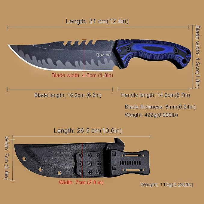 BA-KOR 12.4in Full Tang Fixed Blade Hunting Knife ??6mm 9CR18MoV Steel, G10 Handle, Stonewashed Sawback Blade with Kydex Sheath & Fire Starter for Outdoor, Camping, Survival (Blue and black stripes)