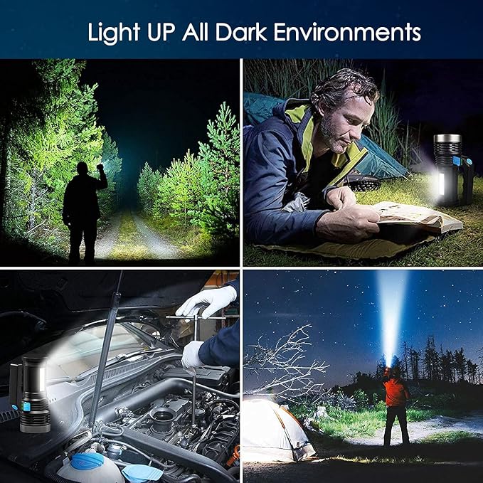 LED Flashlight High Lumens USB Rechargeable Flashlight for Camping, Hiking, Walking, Powerful Emergency Flashlight with 4 Modes for Outdoor Use, Bright Flashlight with Sidelight Lantern